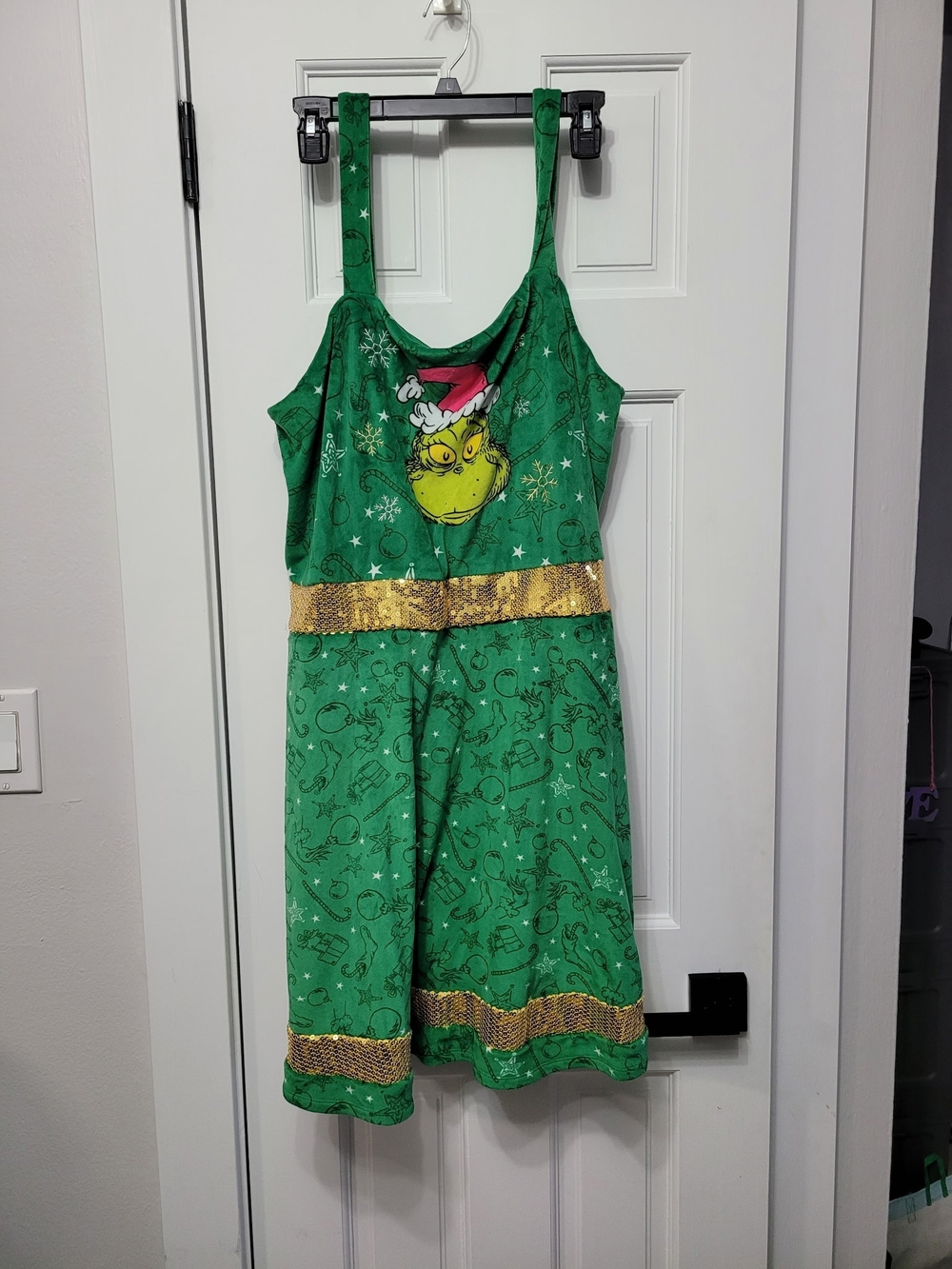 Green Grinch Holiday Women's Costume Dress with Gold Trim